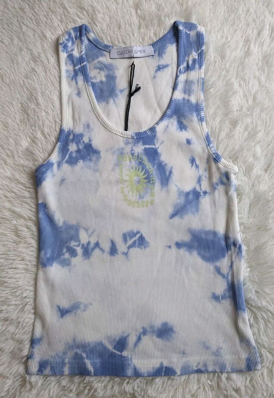 Daydreamer La Eye Tie Dye Tank In Periwinkle Cloud Crop Tank White/Blue XS NWT